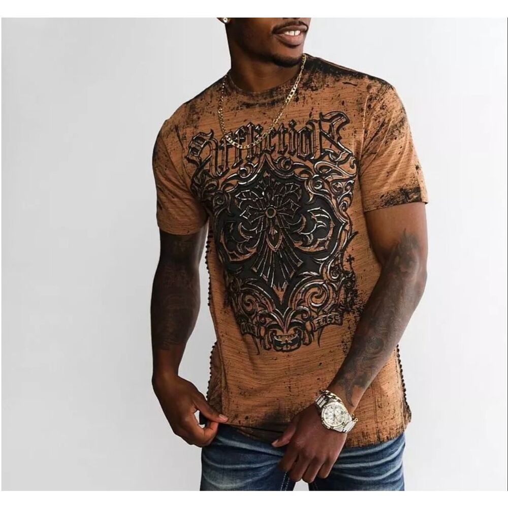Affliction Men's Brown and Black Graphic Short Sleeve Tee